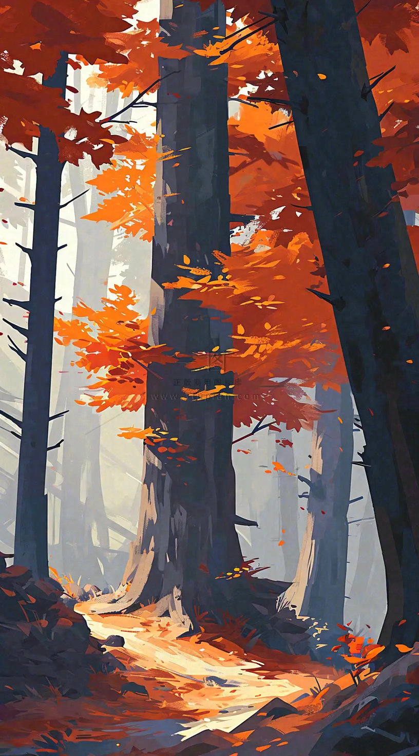 秋天红色秋叶树落叶温馨自然风景,立秋手绘插画