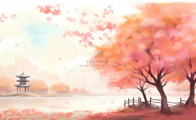 秋季枫叶晚亭山水湖面倒影美景中国风水墨画插画背景 秋季枫叶晚亭山水湖面倒影美景中国风水墨画插画背景