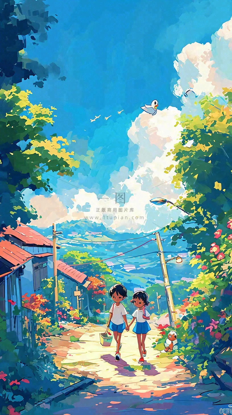 清新蓝天白云儿童路边行走手绘插画，花丛草地植物