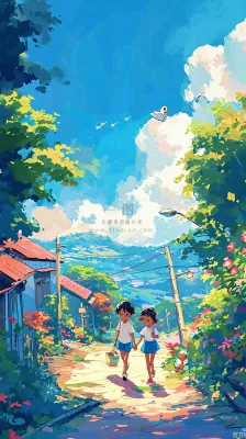 清新蓝天白云儿童路边行走手绘插画,花丛草地植物 清新蓝天白云儿童路边行走手绘插画,花丛草地植物
