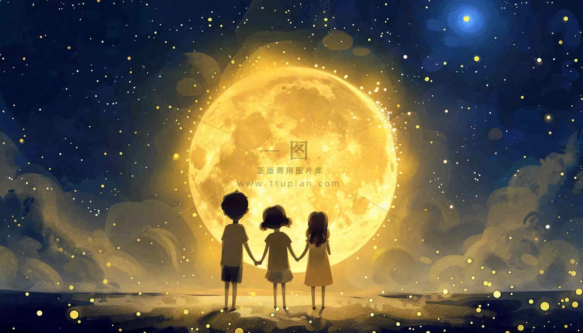 中秋满月小孩手拉手赏月治愈梦幻唯美月亮夜晚水彩插画背景