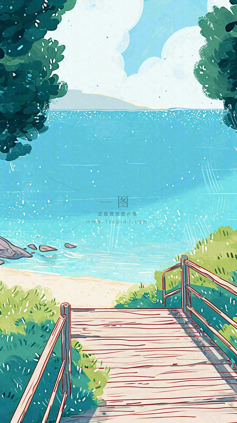 海边沙滩玩耍旅行夏日假期游玩手绘插画，可爱清新，夏至小暑大暑