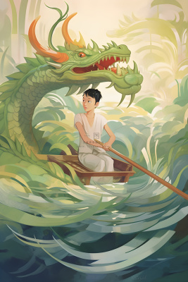 水上划船龙舟水草卡通插画背景