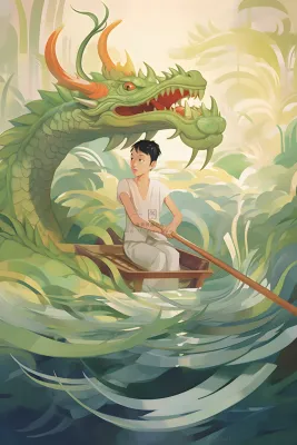 水上划船龙舟水草卡通插画背景