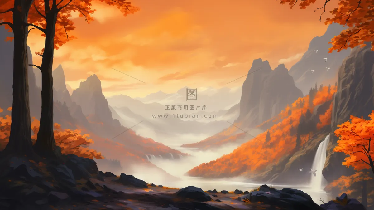 秋季树木湖泊河流风景新疆插画素材背景