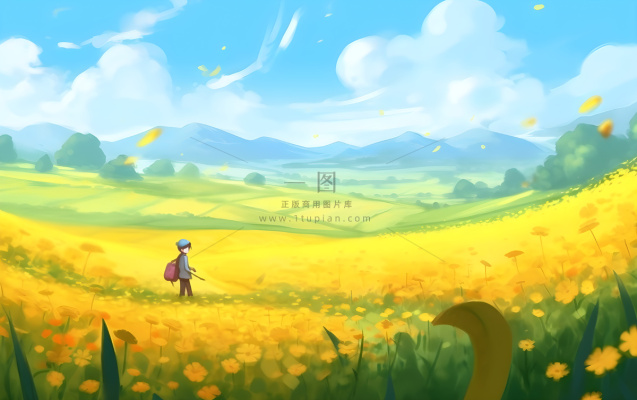 蓝天白云草坪草原人物黄色花朵手绘插画海报素材背景
