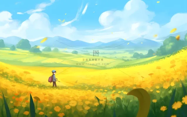 蓝天白云草坪草原人物黄色花朵手绘插画海报素材背景 蓝天白云草坪草原人物黄色花朵手绘插画海报素材背景
