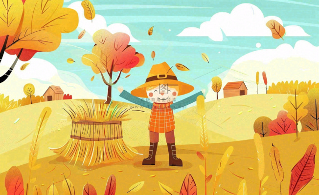 金秋稻田麦田稻草人秋风瑟瑟落叶立秋秋分处暑卡通插画背景 金秋稻田麦田稻草人秋风瑟瑟落叶立秋秋分处暑卡通插画背景
