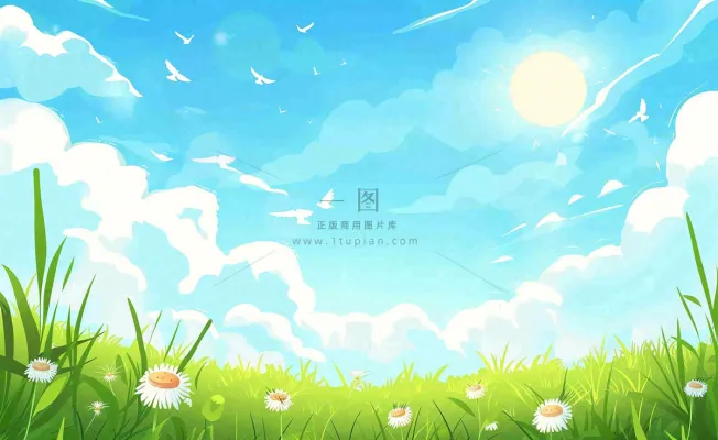 春天绿色草地草丛蓝天白云立春春分惊蛰节气卡通插画背景