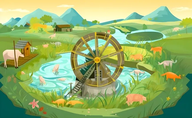 春天田园绿色自然风车水河流畜牧插画素材背景 春天田园绿色自然风车水河流畜牧插画素材背景