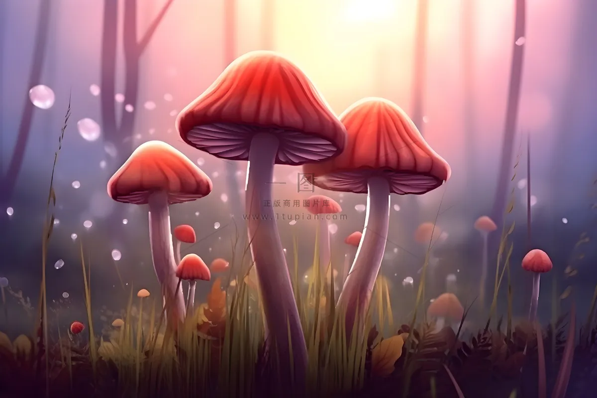 春天草丛蘑菇森林手绘插画海报素材背景