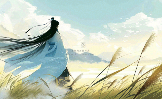 古风小清新手绘白露插画山下芦苇与古装男仙侠插画背景
