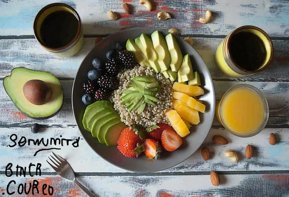 美食水果拼盘早餐沙拉咖啡，牛油果香蕉草莓奇异果果汁摄影图