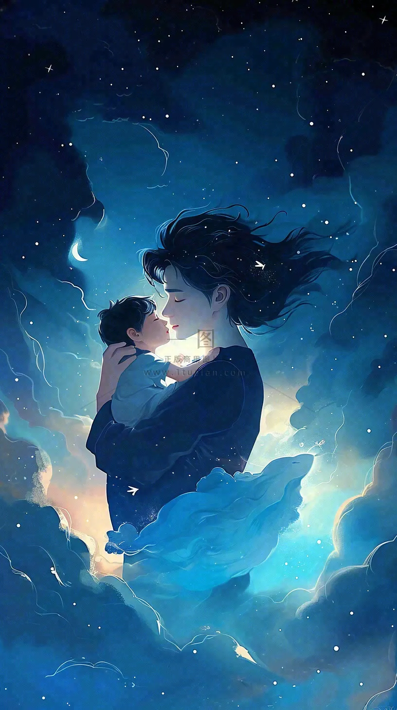 父爱如山父亲节温情亲情爱意深蓝唯美星光手绘插画