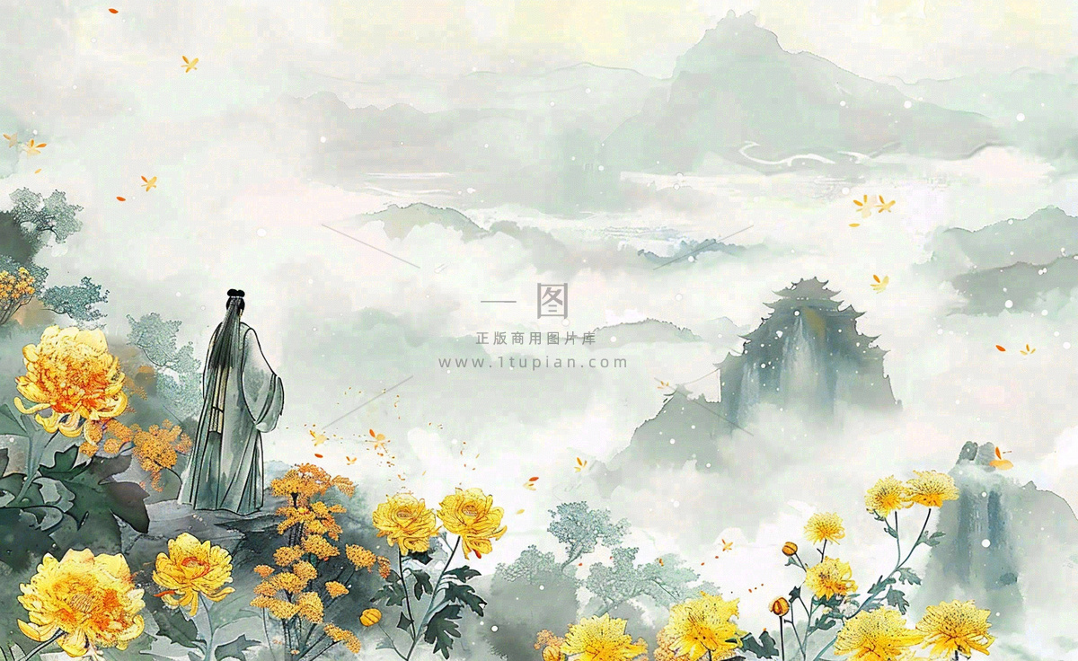秋天古风水墨画山川菊花古风人物清明节重阳节插画背景