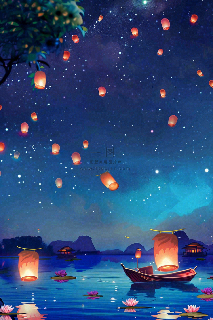 夜晚点灯孔明灯祈福中元节寒衣节插画背景