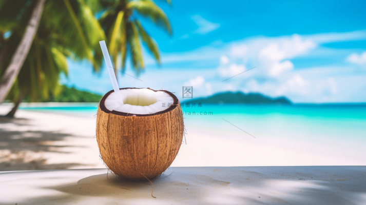 夏日海边沙滩椰子饮料摄影图