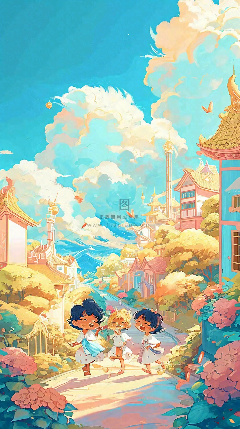 清新蓝天白云儿童路边行走手绘插画，花丛草地植物