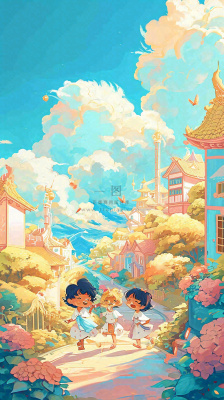 清新蓝天白云儿童路边行走手绘插画,花丛草地植物 清新蓝天白云儿童路边行走手绘插画,花丛草地植物