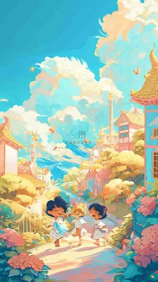 清新蓝天白云儿童路边行走手绘插画,花丛草地植物 清新蓝天白云儿童路边行走手绘插画,花丛草地植物