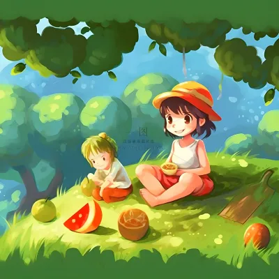 夏日人物水果树荫乘凉插画素材背景