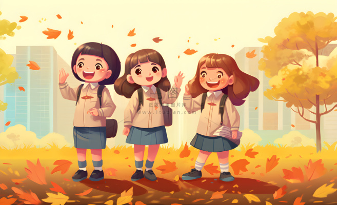 孩子们放学回家落叶欢乐卡通插画背景