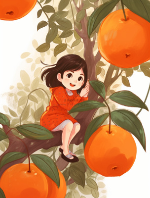 女孩少女坐着橘子树上可爱卡通插画素材背景