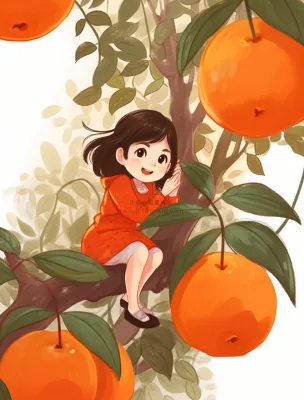 女孩少女坐着橘子树上可爱卡通插画素材背景