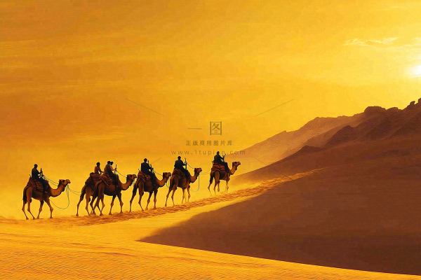 沙漠里的骆驼队伍黄沙夕阳大漠风光自然风景摄影图