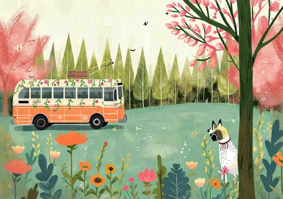 清新可爱春日郊游旅行房车粉绿蜡笔插画手绘草坪,惊蛰春分 清新可爱春日郊游旅行房车粉绿蜡笔插画手绘草坪,惊蛰春分