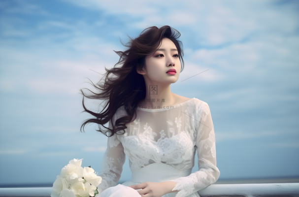 一个美女手里拿着一束花穿着一件漂亮的白色连衣裙在海边的拍照摄影图