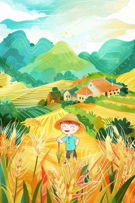 秋天农田丰收山村村庄稻草人水稻小麦立秋秋分芒种卡通插画背景 秋天农田丰收山村村庄稻草人水稻小麦立秋秋分芒种卡通插画背景