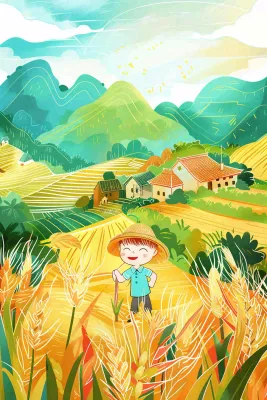 秋天农田丰收山村村庄稻草人水稻小麦立秋秋分芒种卡通插画背景 秋天农田丰收山村村庄稻草人水稻小麦立秋秋分芒种卡通插画背景