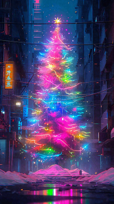 炫酷圣诞彩色缤纷圣诞树节日，夜晚街道建筑，暗黑