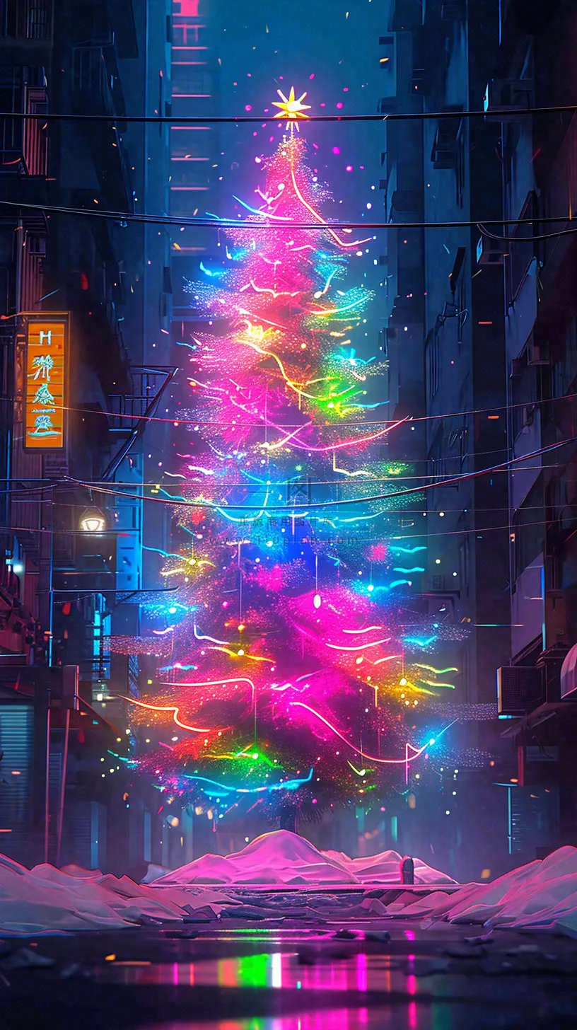 炫酷圣诞彩色缤纷圣诞树节日,夜晚街道建筑,暗黑