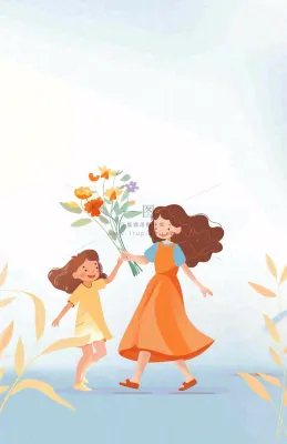 母亲节给妈妈送花的孩子亲情温馨插画背景 母亲节给妈妈送花的孩子亲情温馨插画背景
