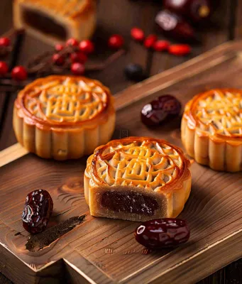 中国美食月饼糕点中秋木质托盘摄影图