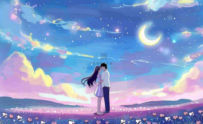 浪漫夜晚月光下花丛里的恋人情侣相拥梦幻场景七夕情人节卡通插画背景