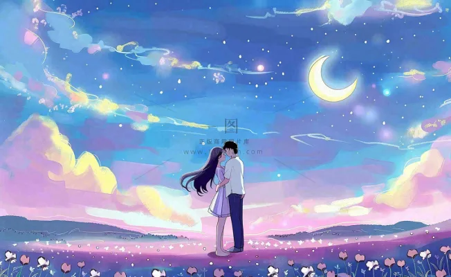 浪漫夜晚月光下花丛里的恋人情侣相拥梦幻场景七夕情人节卡通插画背景