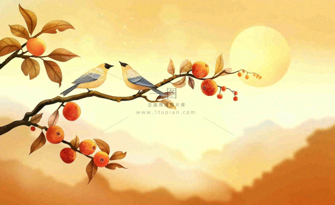 秋天柿子树枝条的小鸟夕阳西下日出金秋秋分立秋重阳插画背景 秋天柿子树枝条的小鸟夕阳西下日出金秋秋分立秋重阳插画背景