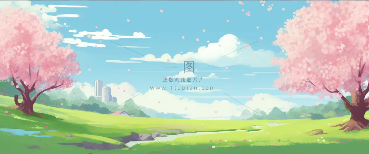 蓝天白云草坪樱花树粉色花瓣飘零卡通插画背景