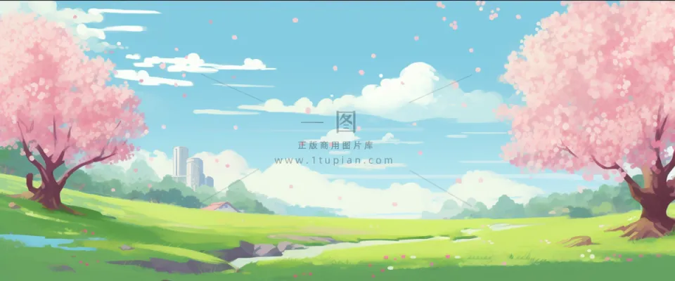 蓝天白云草坪樱花树粉色花瓣飘零卡通插画背景