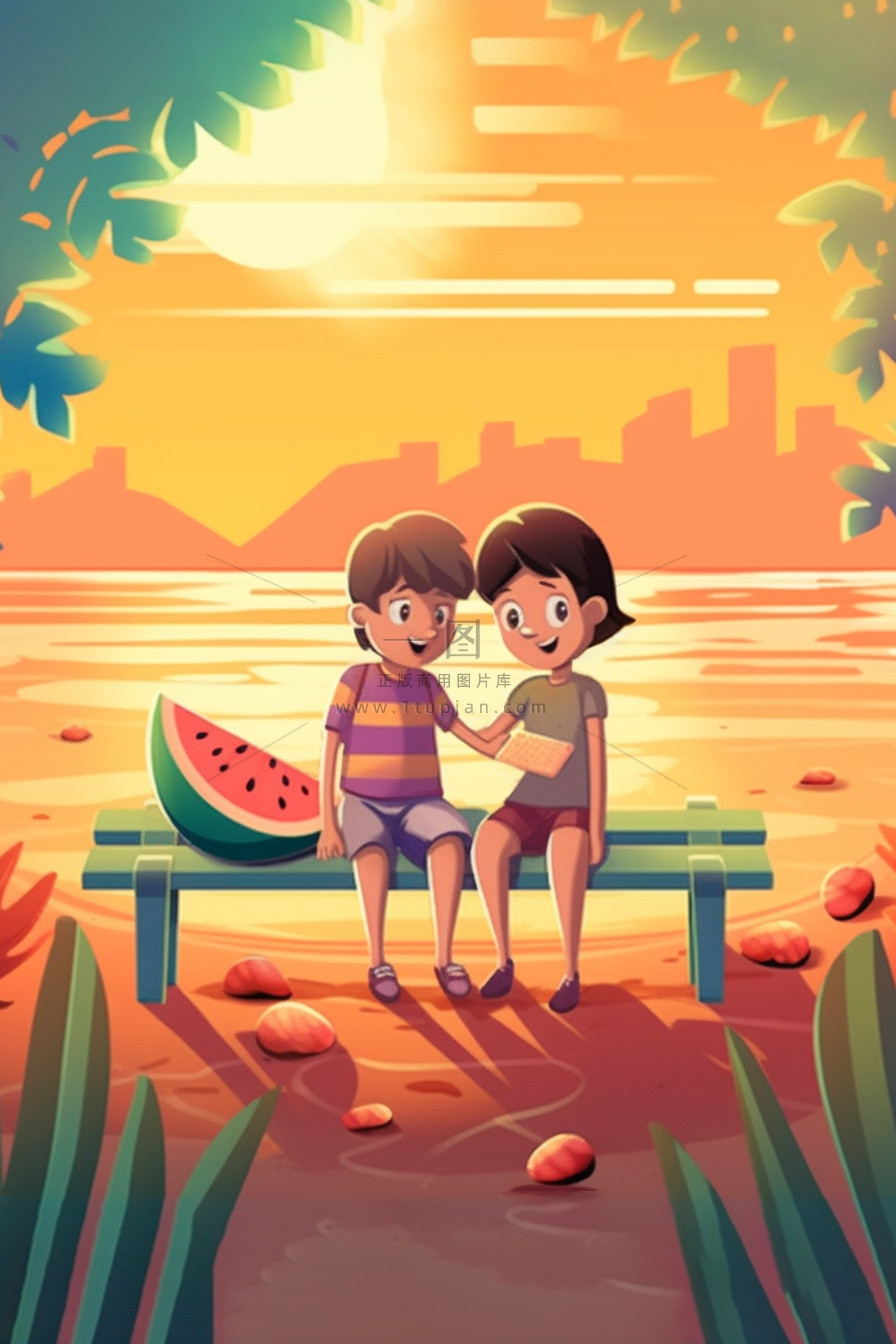 夕阳儿童朋友西瓜玩耍插画背景