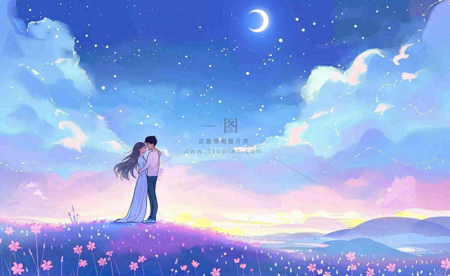 浪漫夜晚月光下花丛里的恋人情侣相拥梦幻场景七夕情人节卡通插画背景