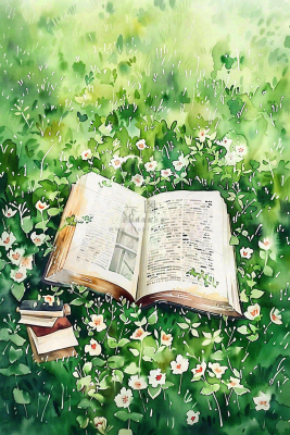 草丛花丛里的书本阅读世界读书日水彩插画背景