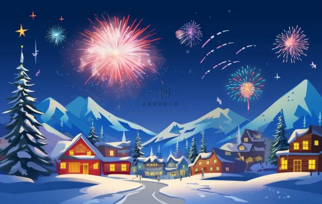 冬季雪天圣诞小镇烟花夜晚节日氛围卡通插画背景