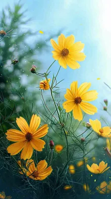 春天小黄花花朵阳光蓝天白云清新，立春惊蛰春分摄影图