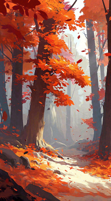 秋天红色秋叶树落叶温馨自然风景，立秋手绘插画