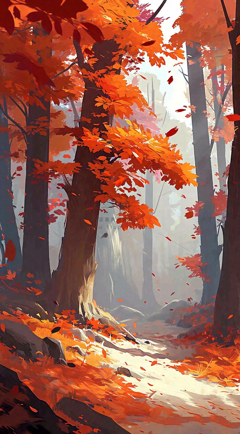 秋天红色秋叶树落叶温馨自然风景,立秋手绘插画