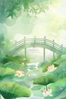 春夏绿意风景小清新荷花池塘拱桥绿荫阳光惊蛰春分立夏夏至水彩插画背景